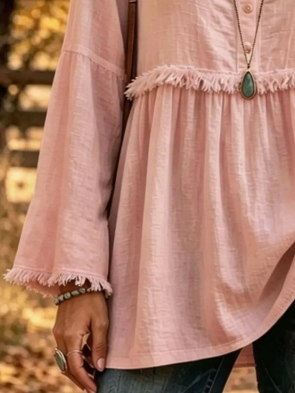 Full Size Fringed Button Detail Blouse Plus Size
