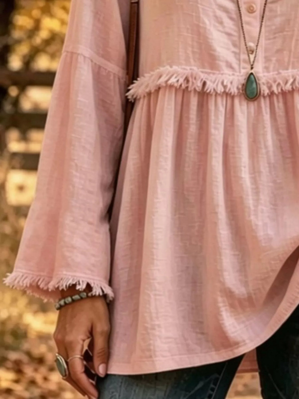 Full Size Fringed Button Detail Blouse Plus Size