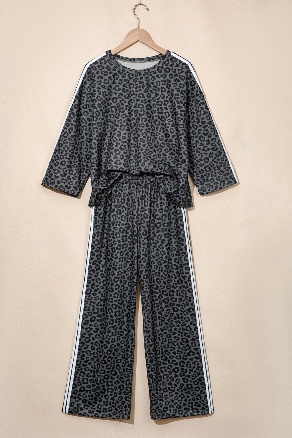 Pink Leopard Print Varsity Striped Detail 3/4 Sleeve Top Shift Pant Set