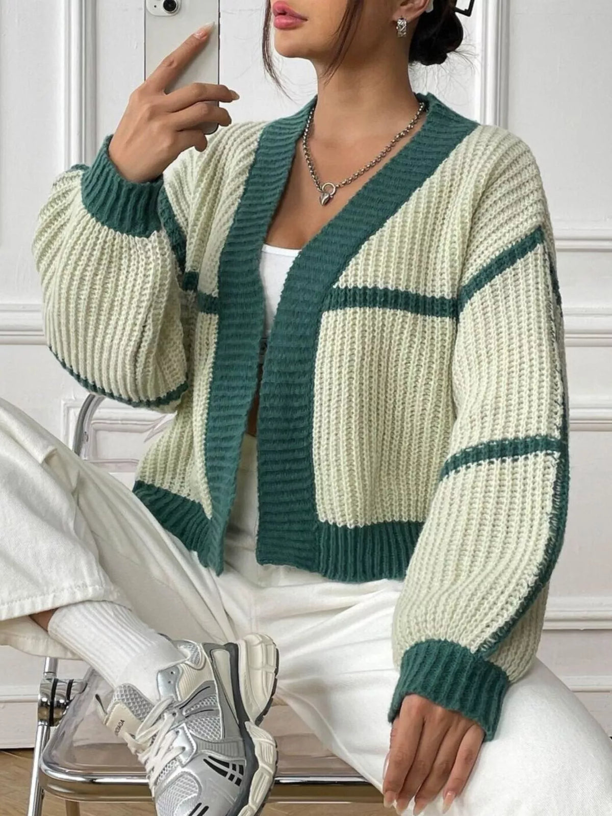 Color-Block Ribbed Knit Open-Front Cropped Cardigan