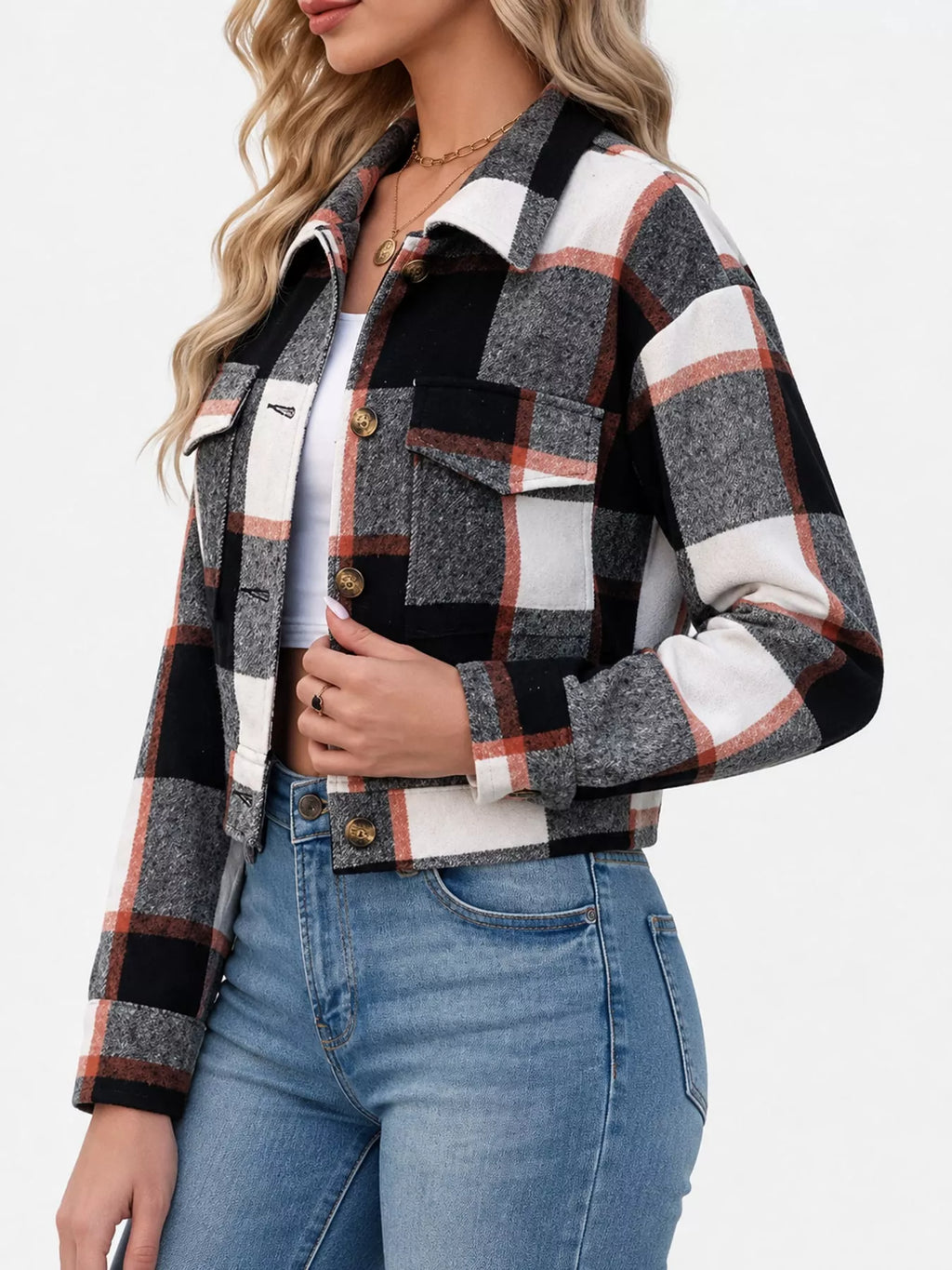 Plaid Button-Front Cropped Jacket