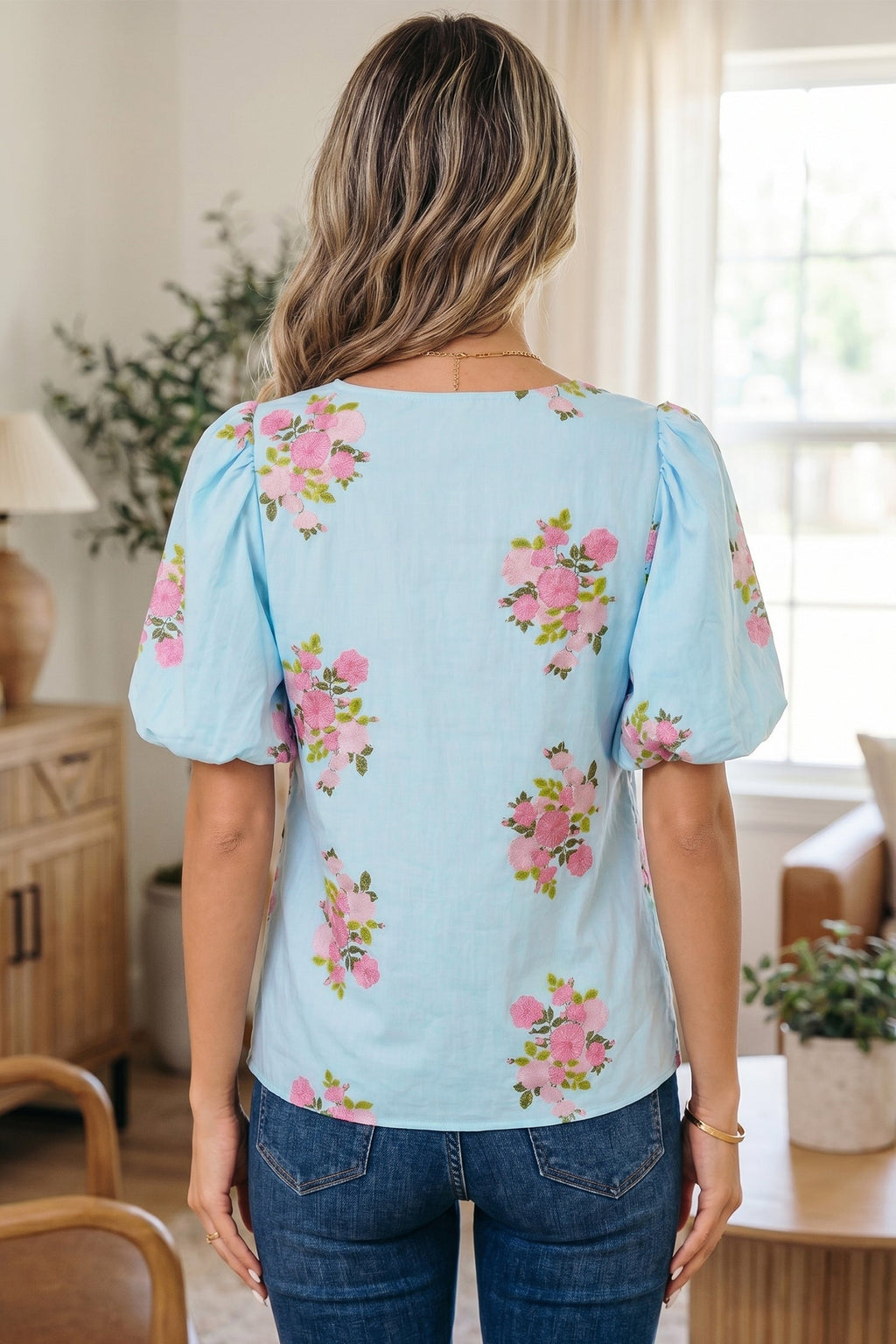 Sky Blue Floral Printed Contrast Ricrac Detail Bubble Sleeve Blouse