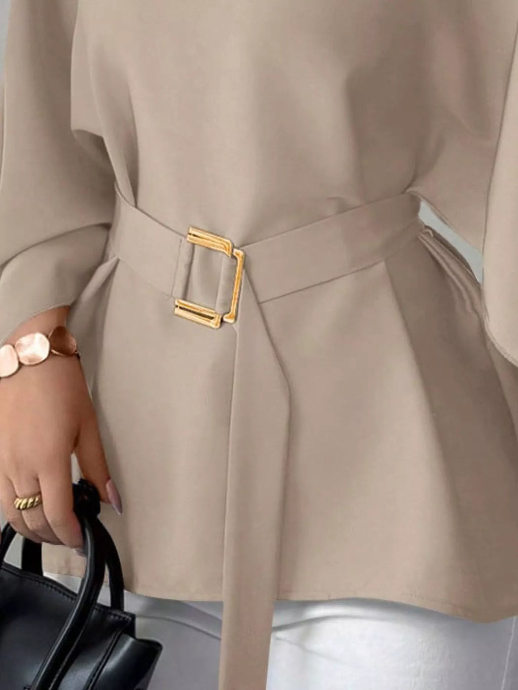 Round Neck Belt Batwing Sleeve Blouse