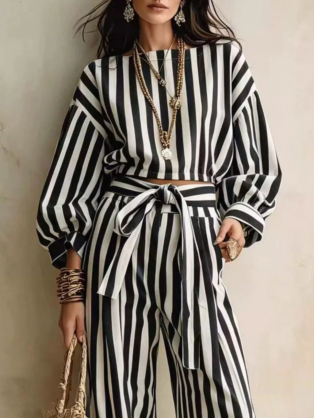 Striped Long Sleeve Top and Pants Two-Piece Set