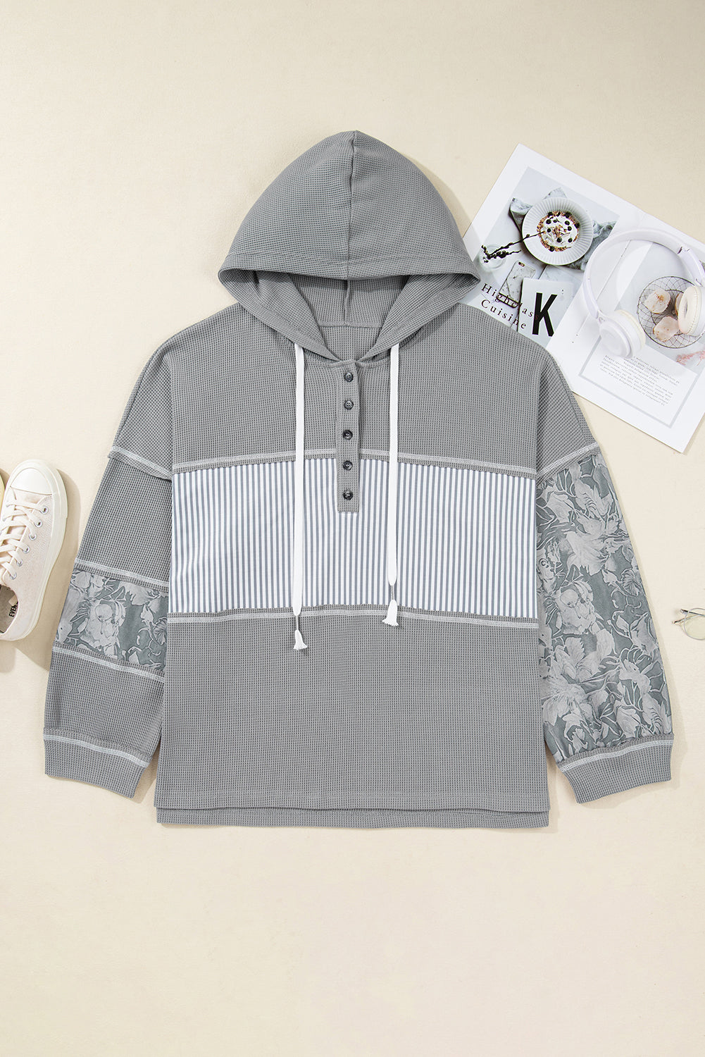 Plus Size Stripe Patchwork Waffle Half-Button Hooded Top