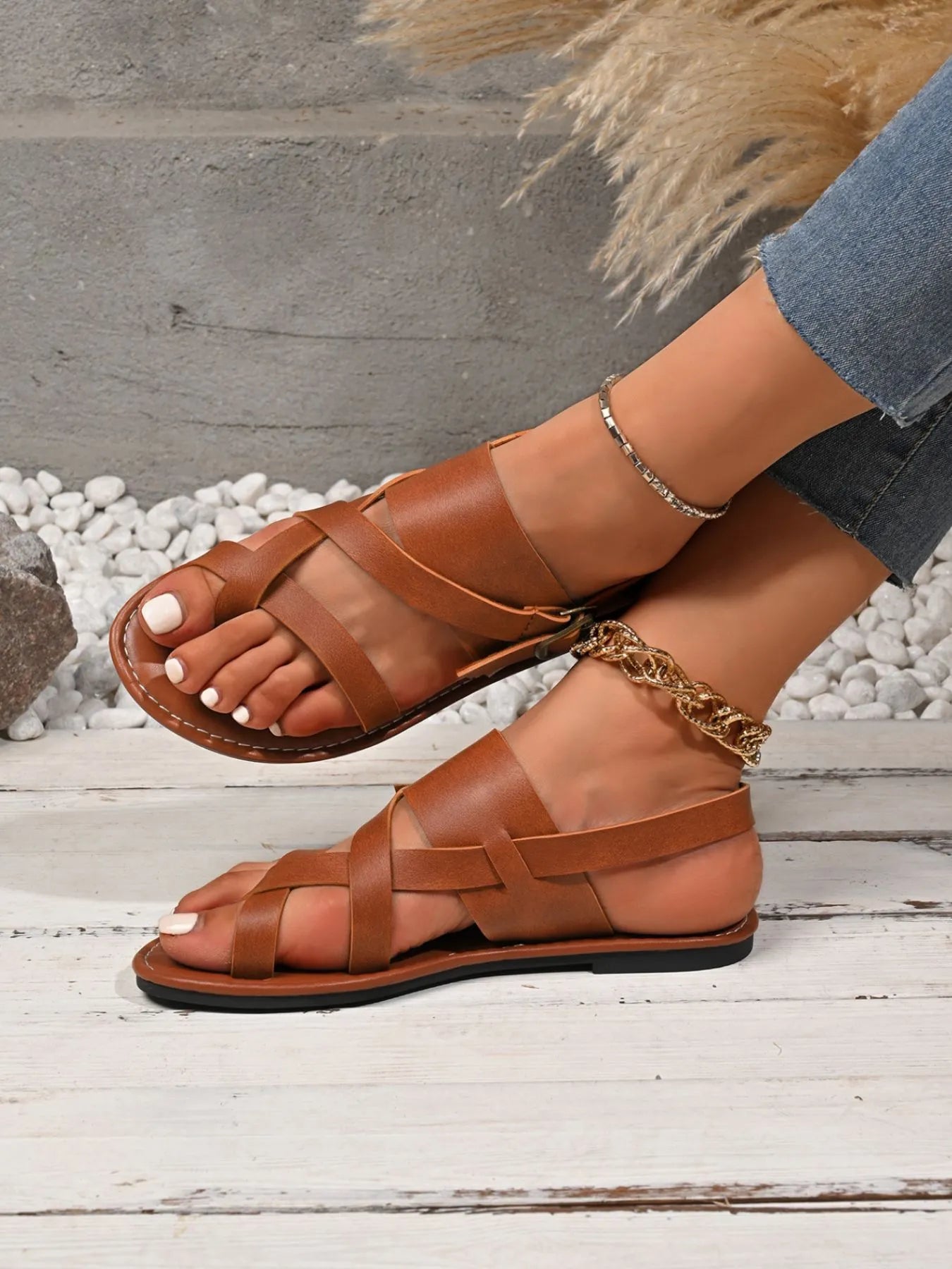 Leather Buckle Flat Sandals
