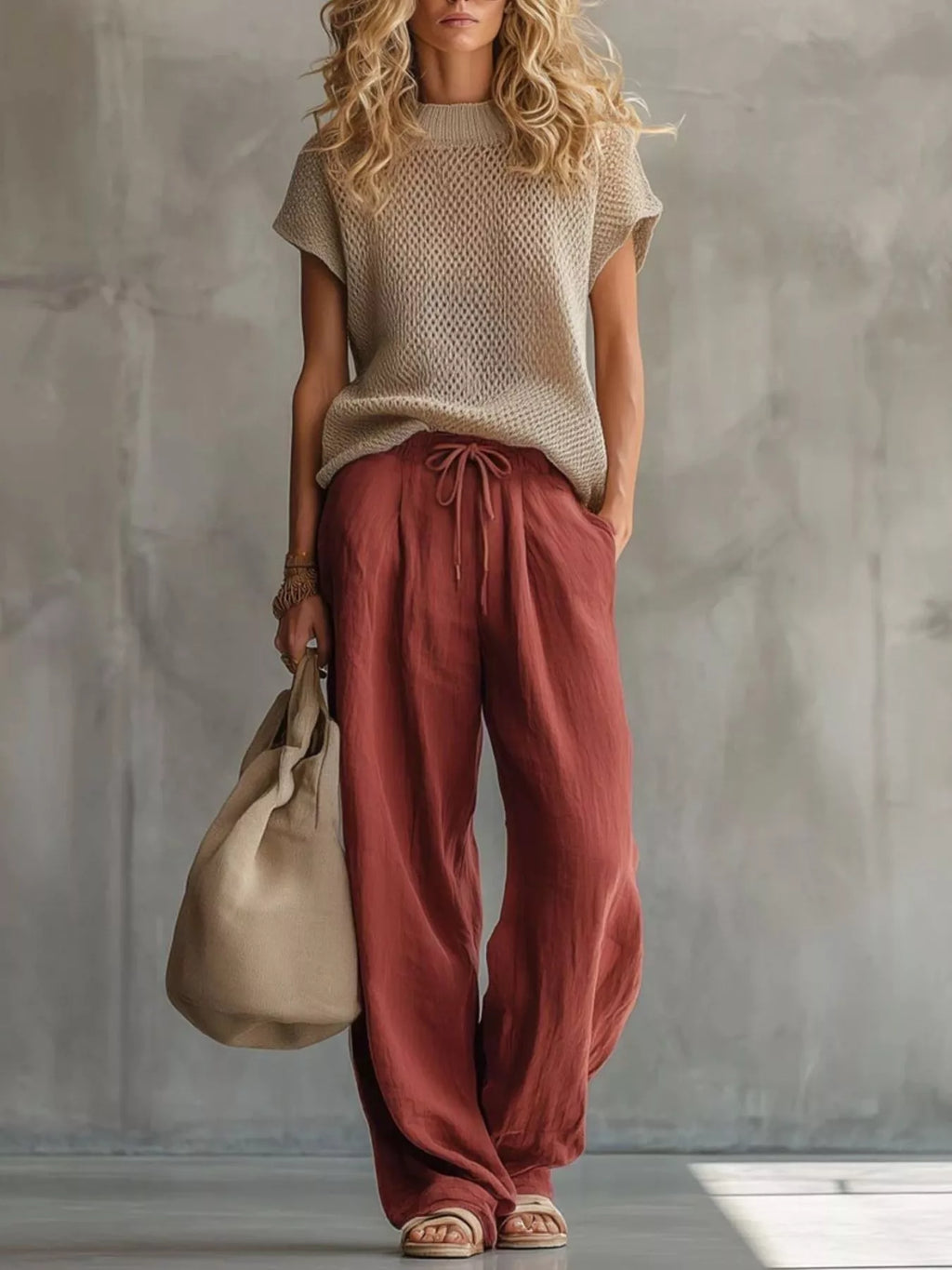 Openwork Knit Top and Wide-Leg Pant Set