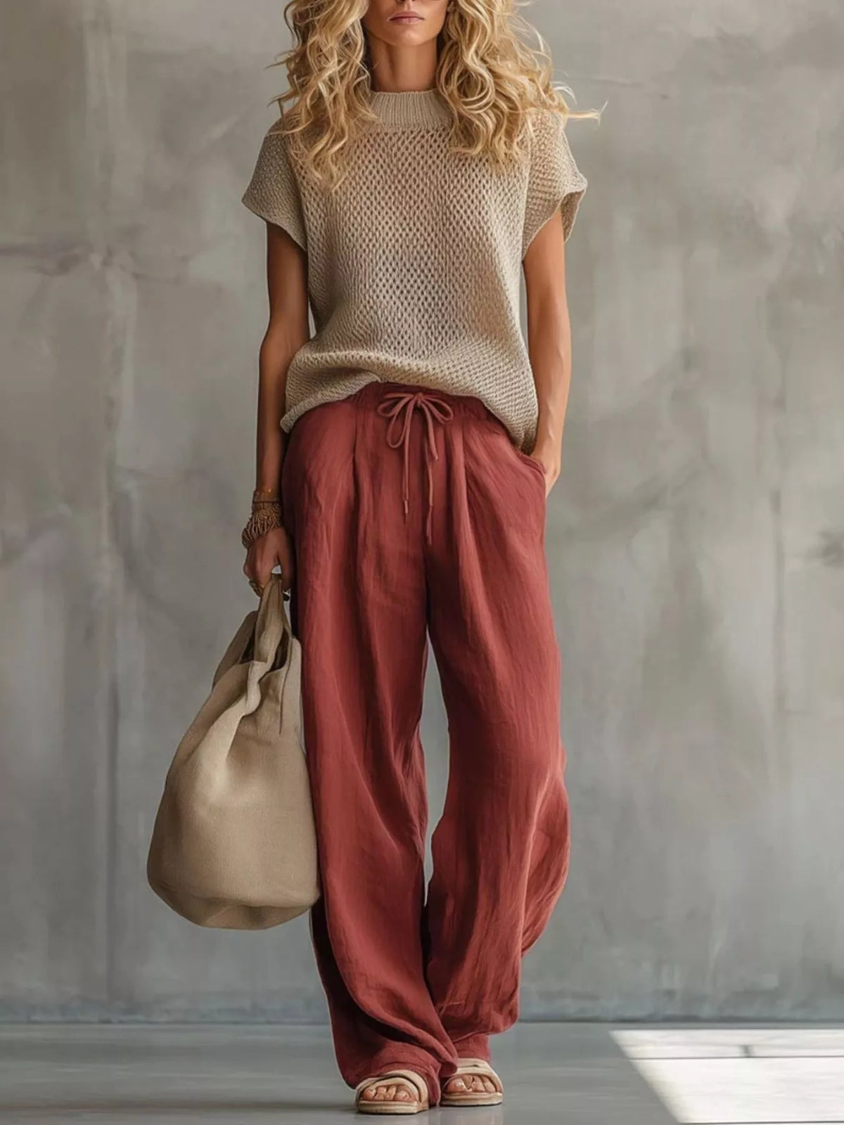 Openwork Knit Top and Wide-Leg Pant Set