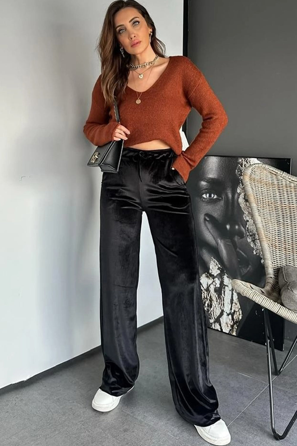 Black Shiny Velvet Drawstring High Waist Straight Leg Casual Pants