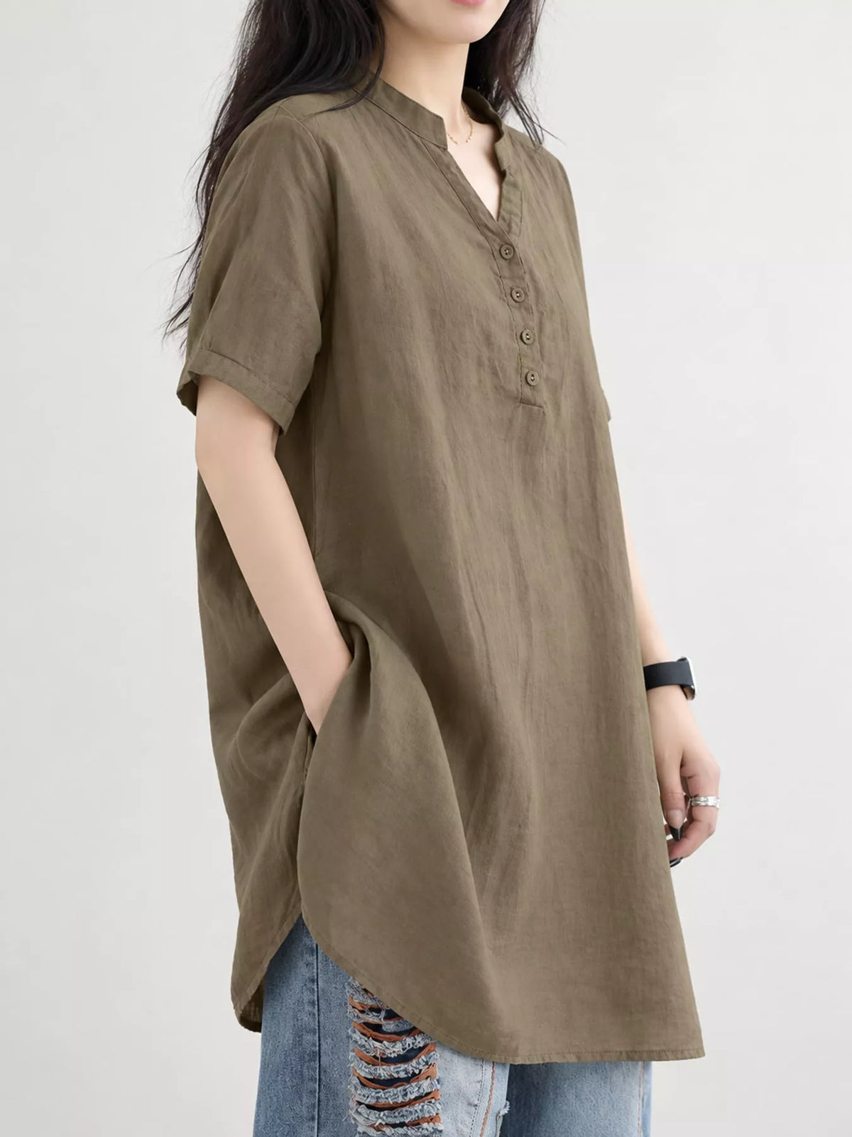 Full Size Notched Short Sleeve Oversize Blouse Plus Size