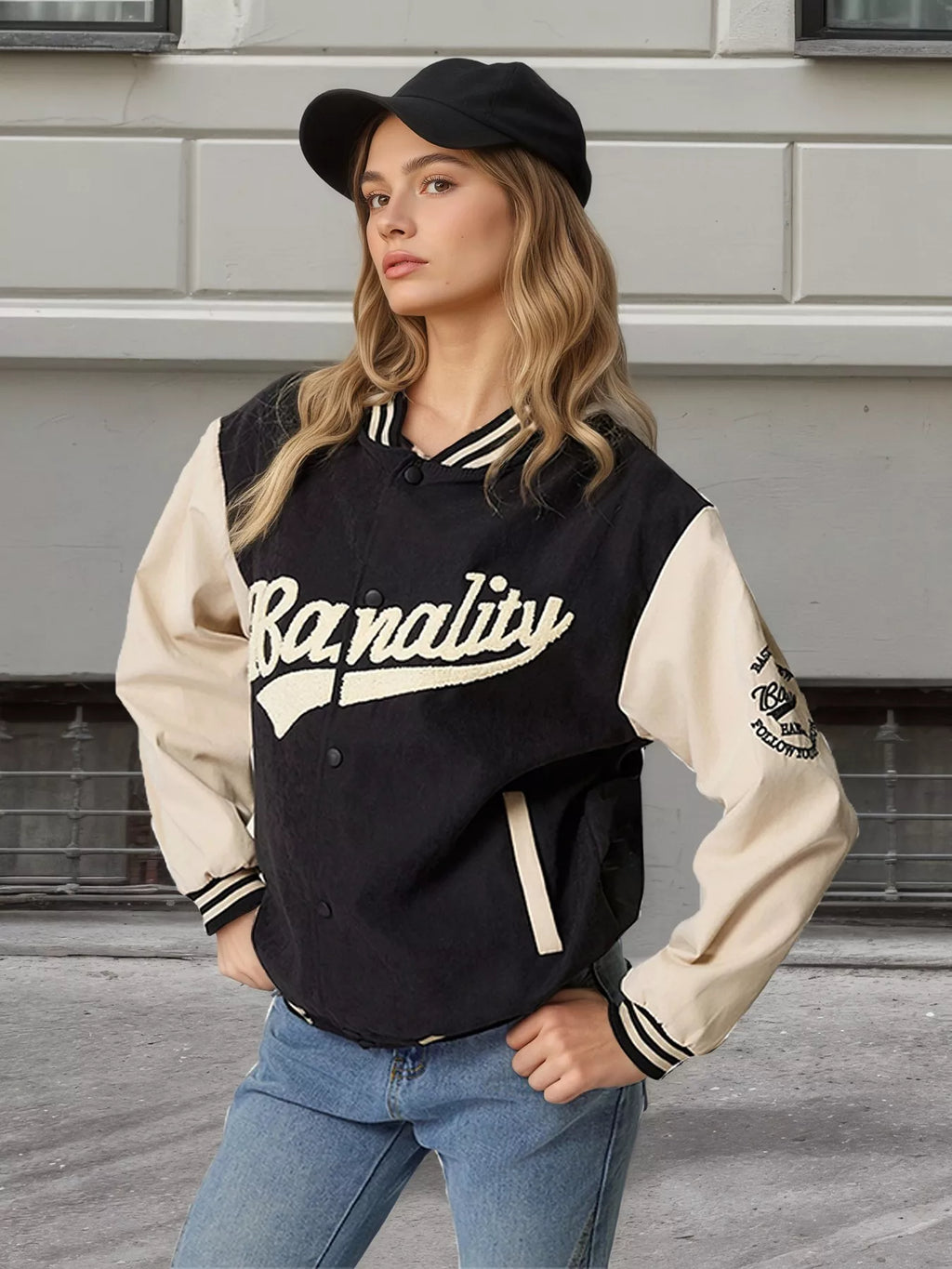 Contrast Baseball Jacket with Embroidered Lettering