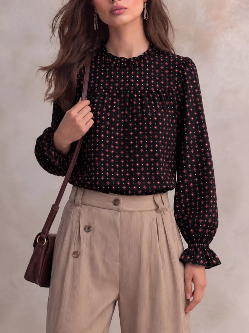 Geometric Print Mock Neck Puff Sleeves Blouse