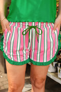 Pink Stripe Contrast Ruffle Trim Shorts