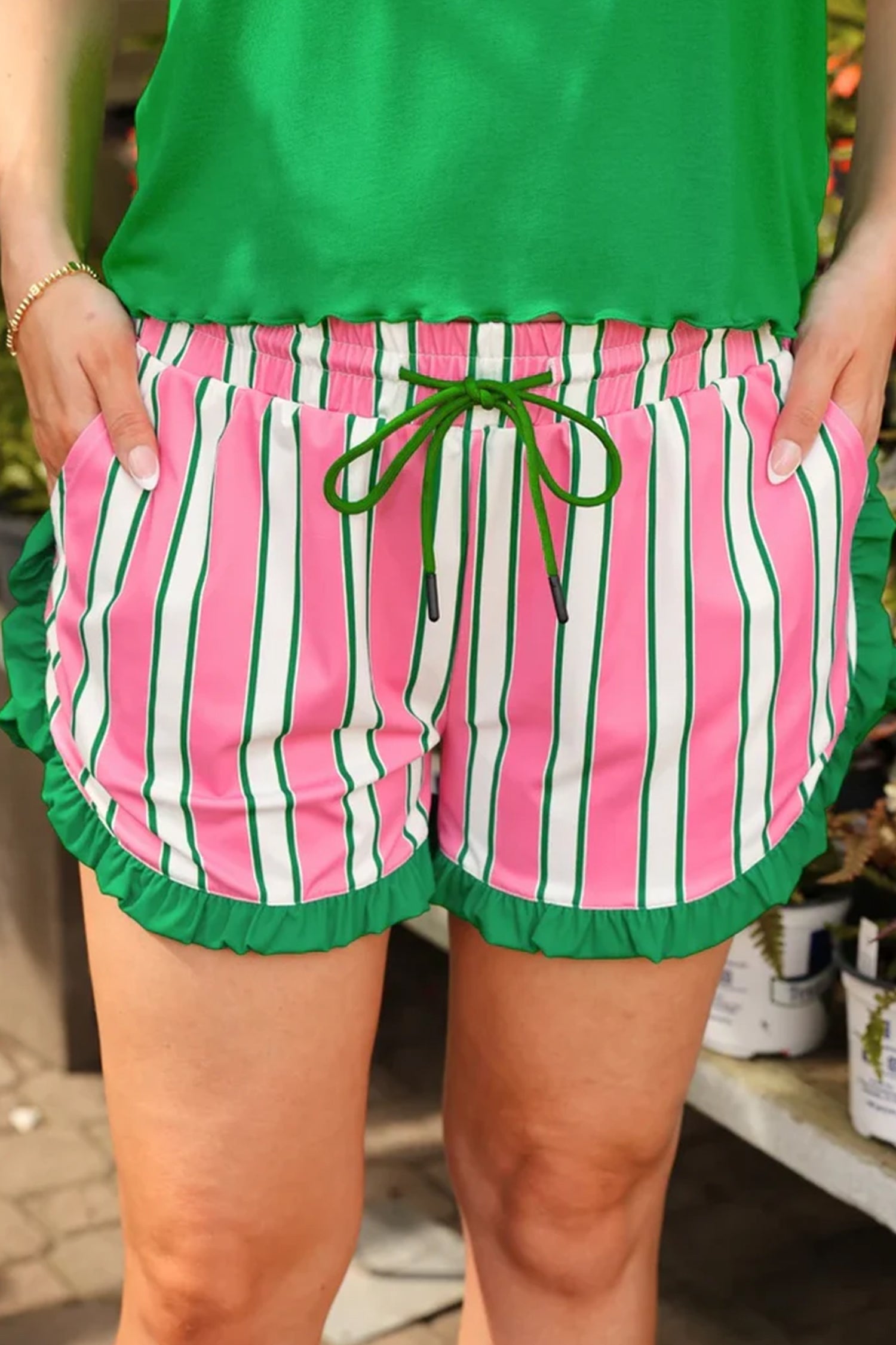 Pink Stripe Contrast Ruffle Trim Shorts