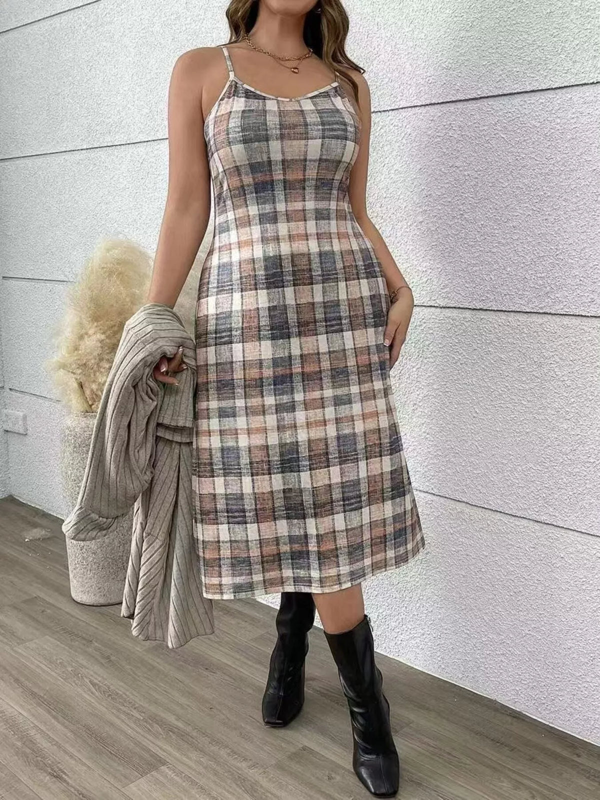 Full Size Ribbed Knit Cardigan and Plaid Dress Two-Piece Set Plus Size