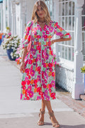 Rose Vibrant Floral Print V Neck Zip Up Puffy Half Sleeve Dress