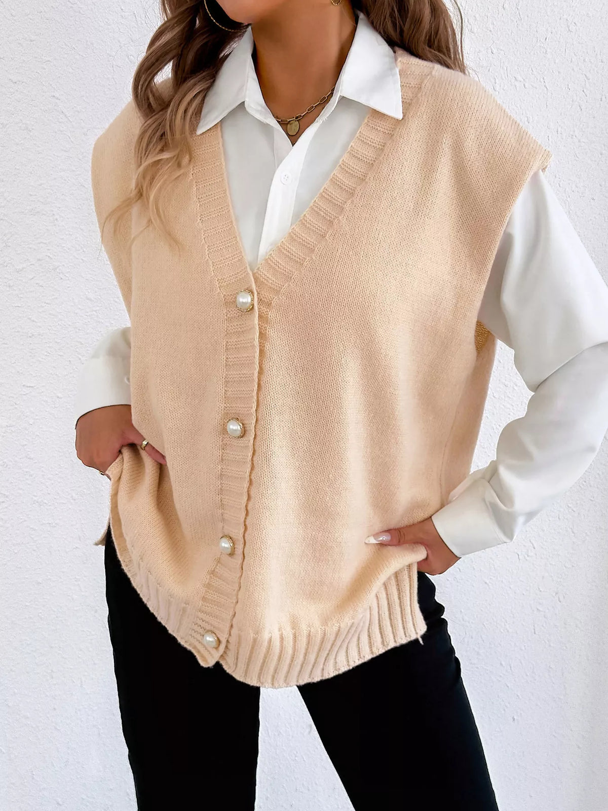 V-Neck Button-Front Knit Sweater Vest