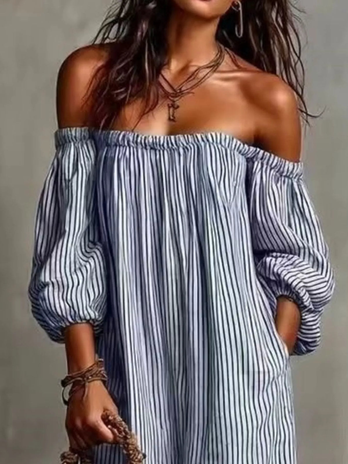 Full Size Off-Shoulder Striped Maxi Dress with Puff Sleeves Plus Size