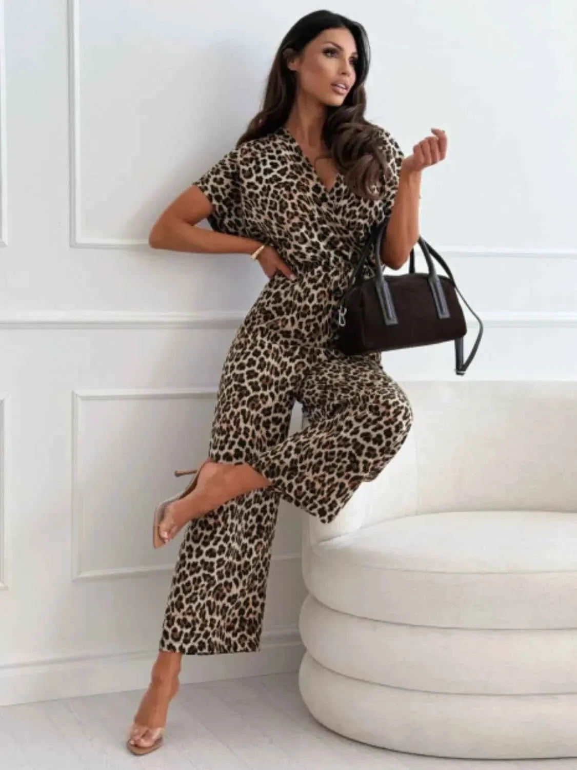 Leopard Print Short Sleeve Wide Leg Jumpsuit
