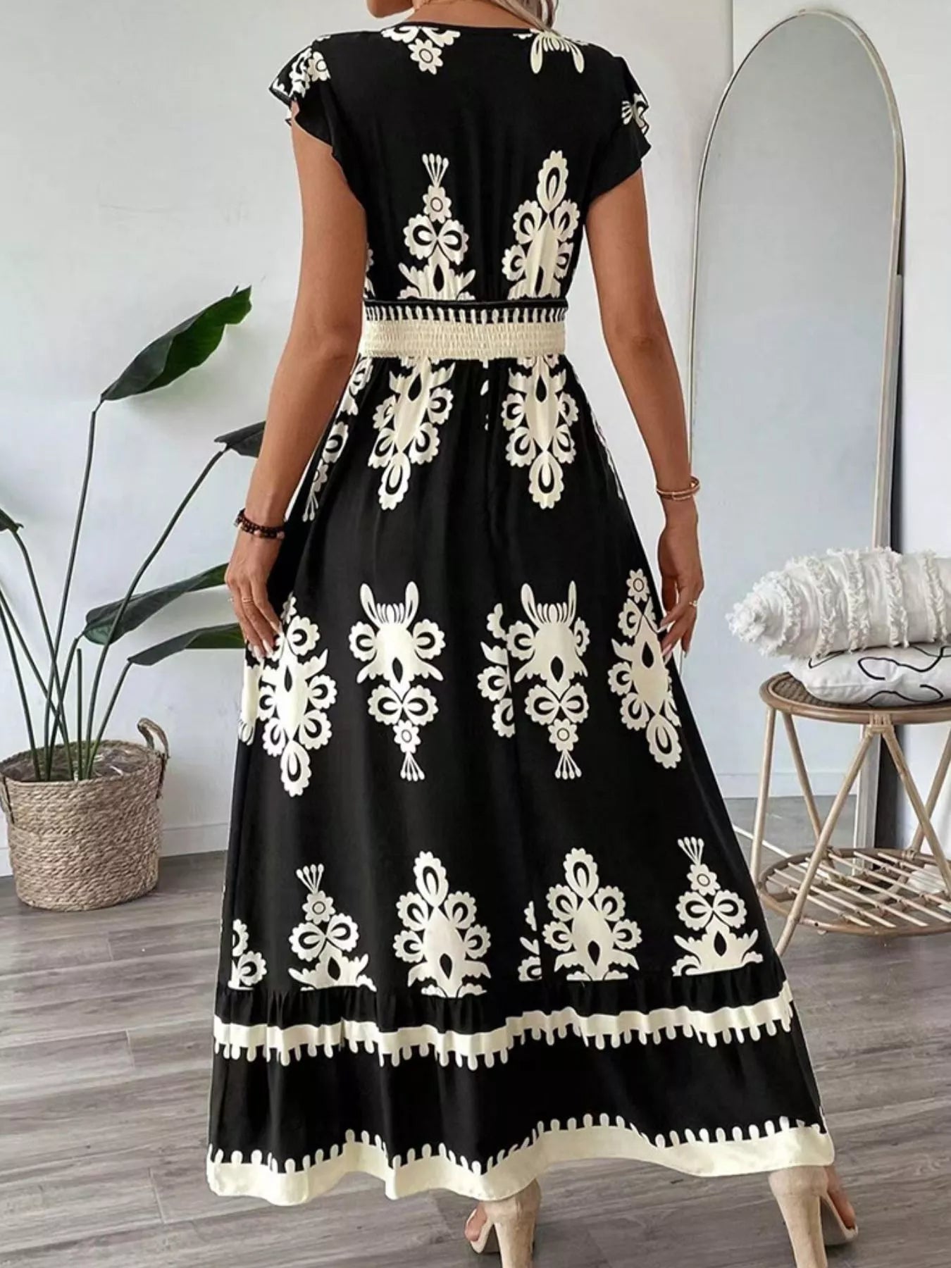 Ruffled Printed V-Neck Maxi Dress
