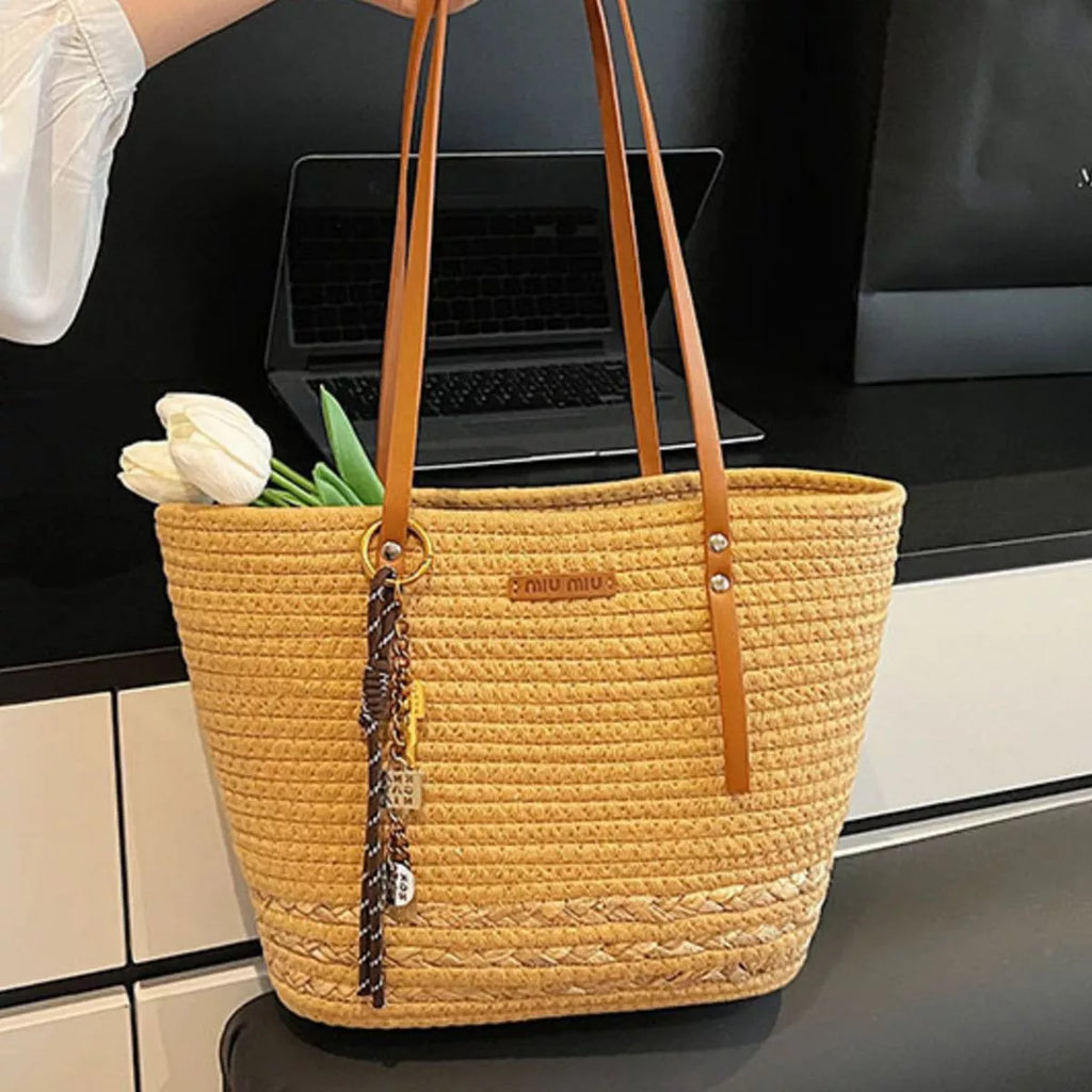 Woven Straw Tote Handbag with Leather Straps