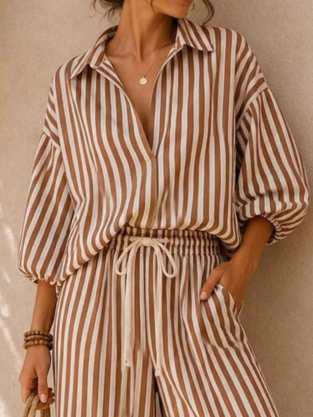 Full Size Striped Puff Sleeve Shirt and Wide-Leg Drawstring Pants Set Plus Size