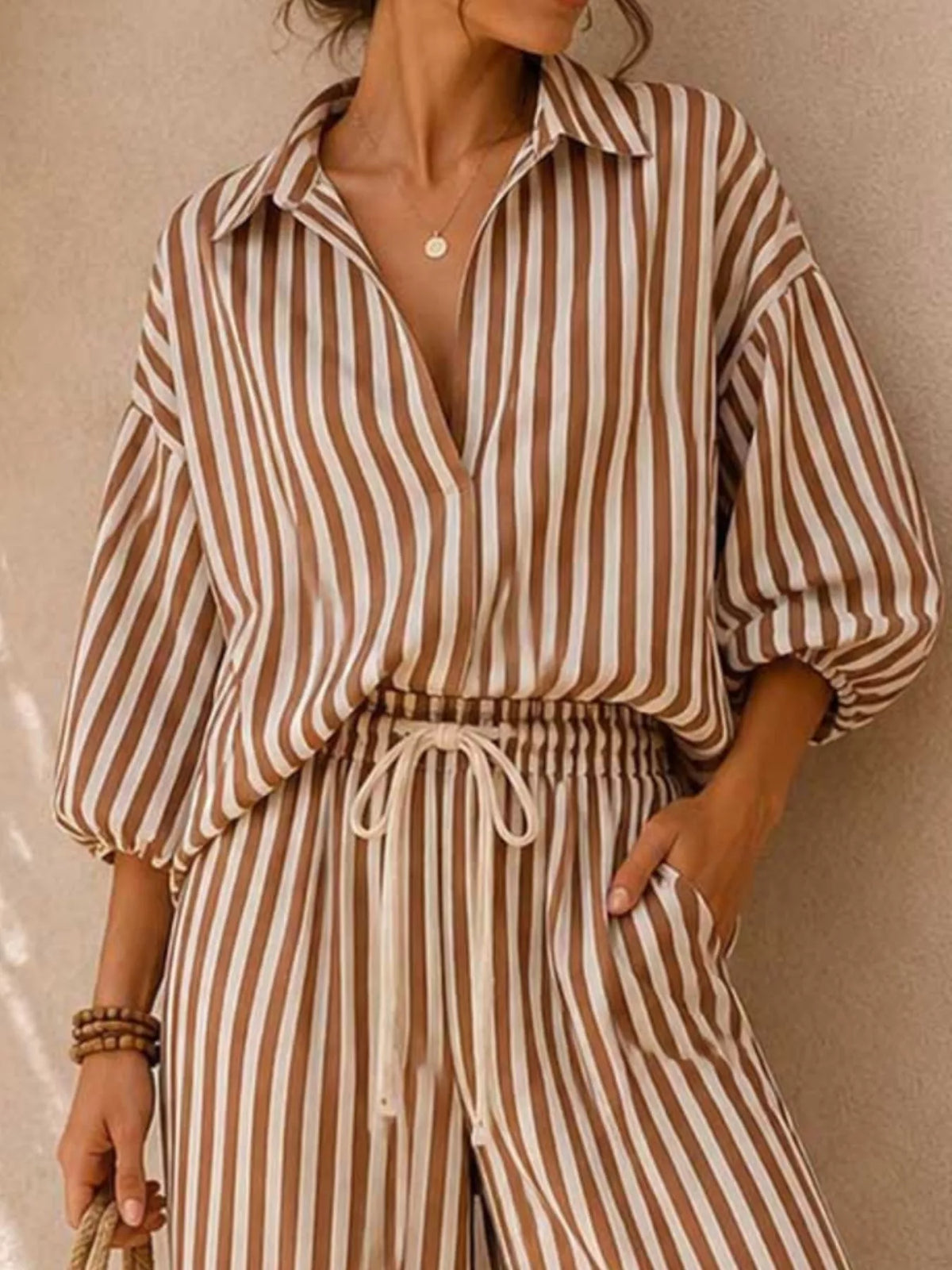 Full Size Striped Puff Sleeve Shirt and Wide-Leg Drawstring Pants Set Plus Size