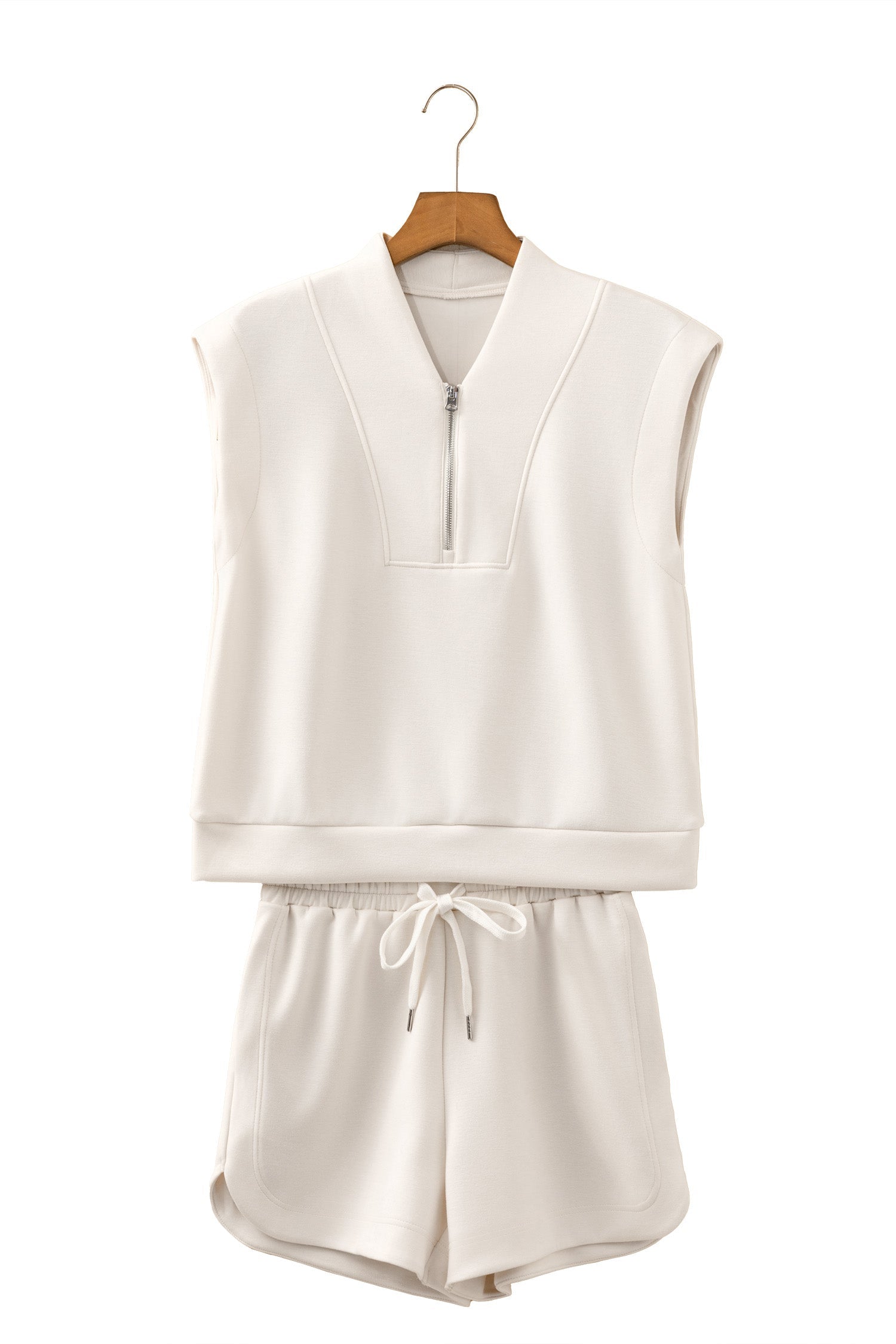 Oatmeal Quarter Zip Sleeveless Top Drawstring Shorts Casual 2pcs Outfit