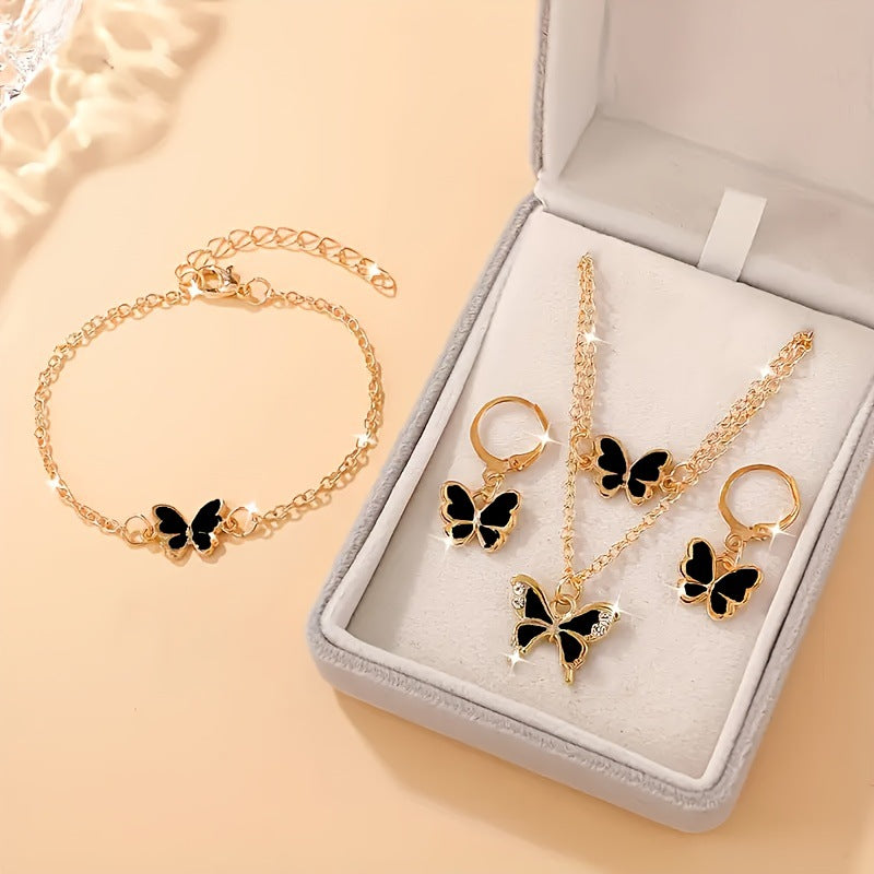 Temu's Best-Selling Double-Layer Stacked Oil-Dropping Butterfly Necklace, Fashionable And Simple Bracelet And Earrings Set Jewelry For Women
