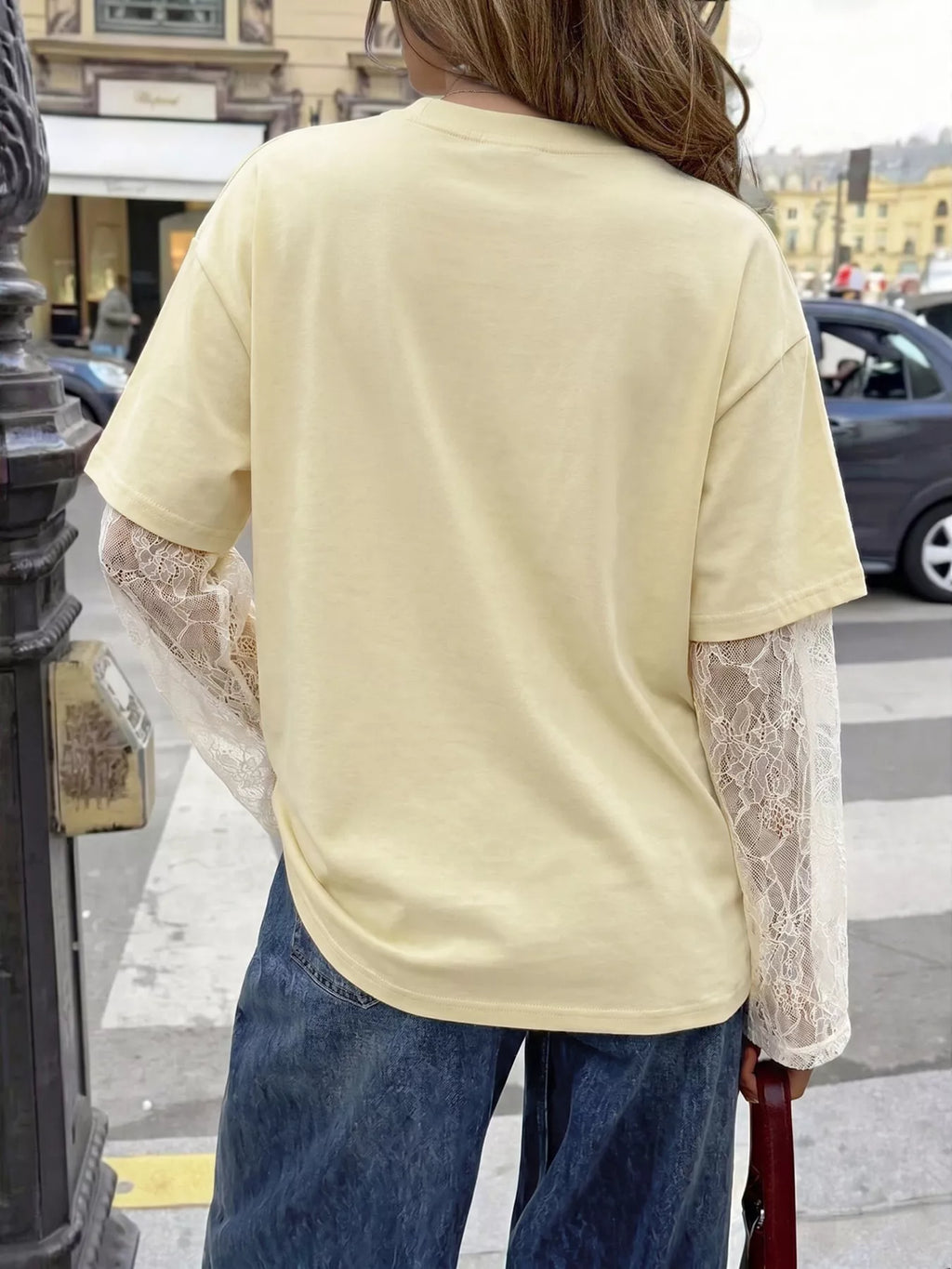 Lace Sleeve Round Neck T-Shirt