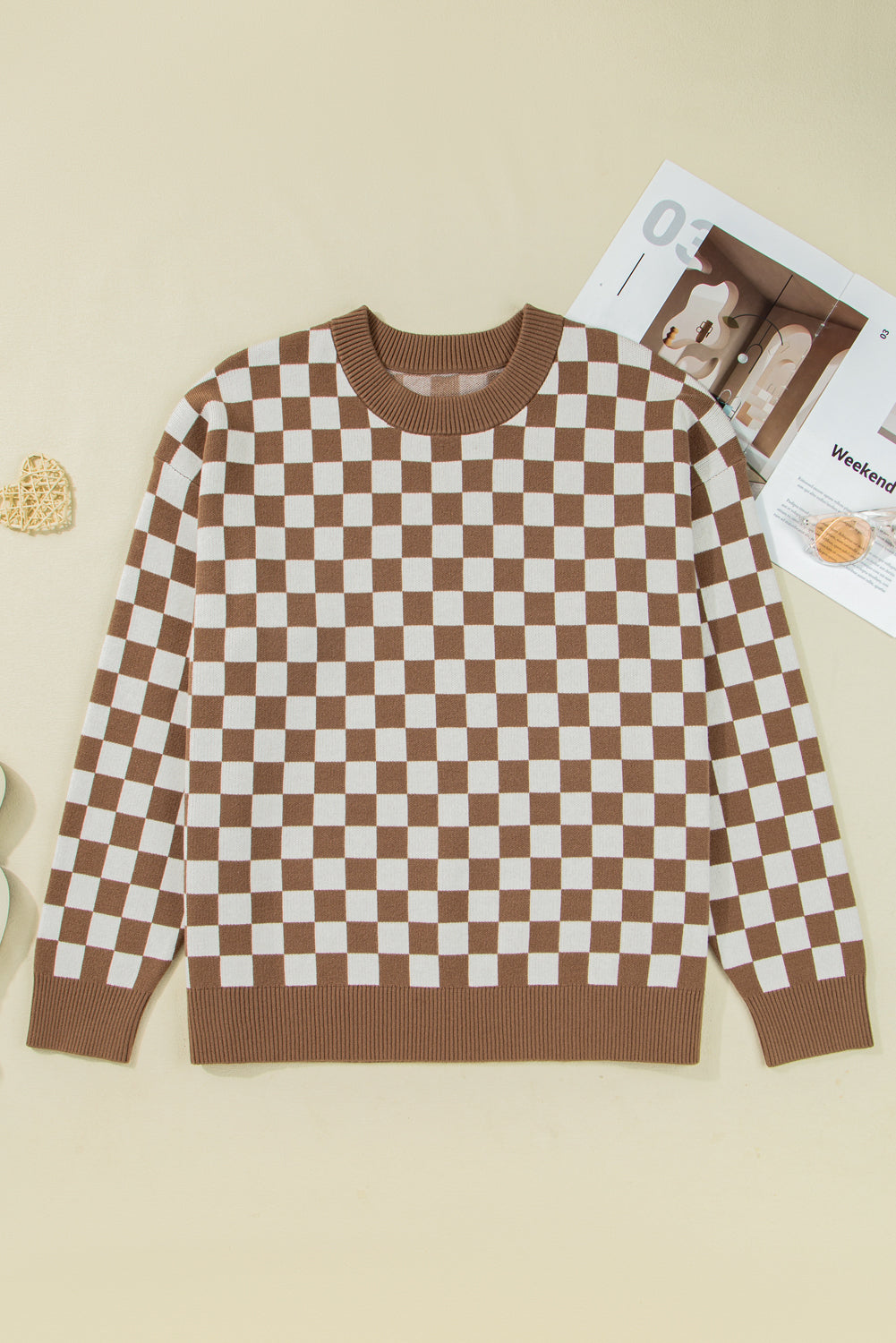 Plus Size Checker Contrast Edge Crewneck Sweater