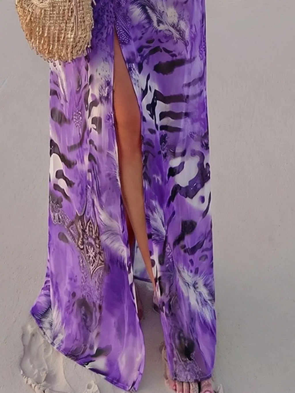 Deep V-Neck Long Sleeve Printed Maxi Dress