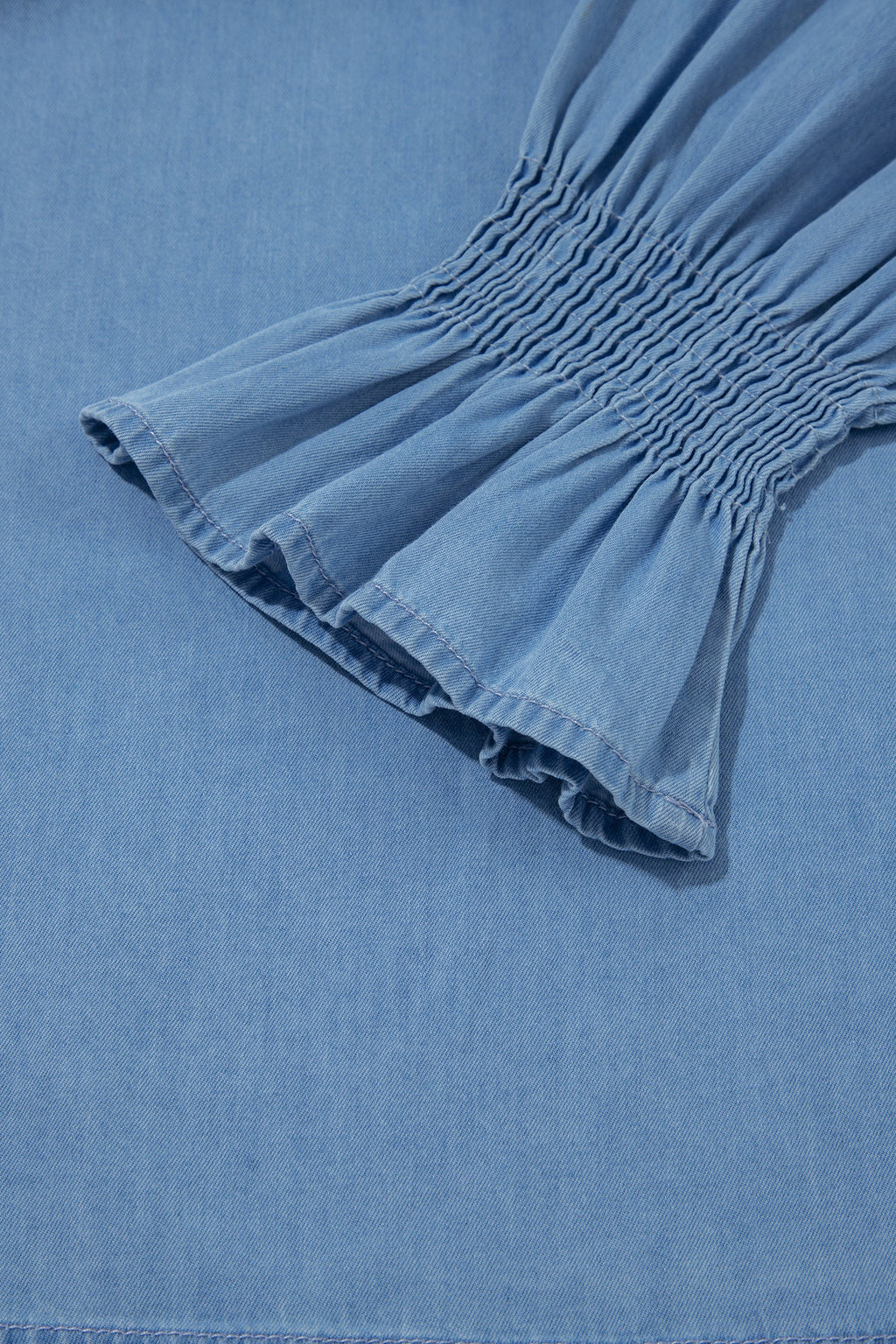 Beau Blue Western Ruffle V Neck Long Sleeve Chambray Blouse