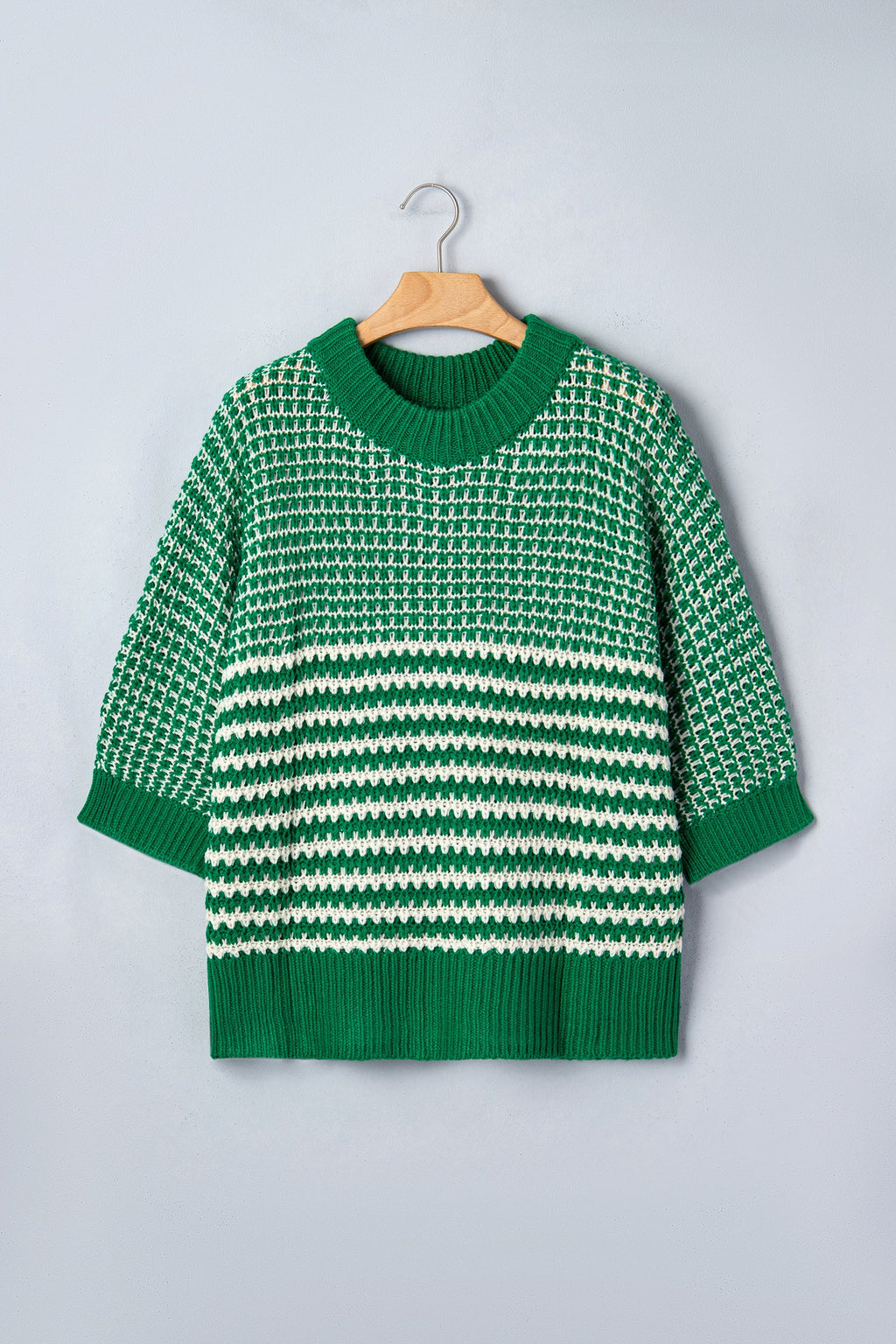 Green Stripe 3/4 Draped Sleeve Slouchy Sweater