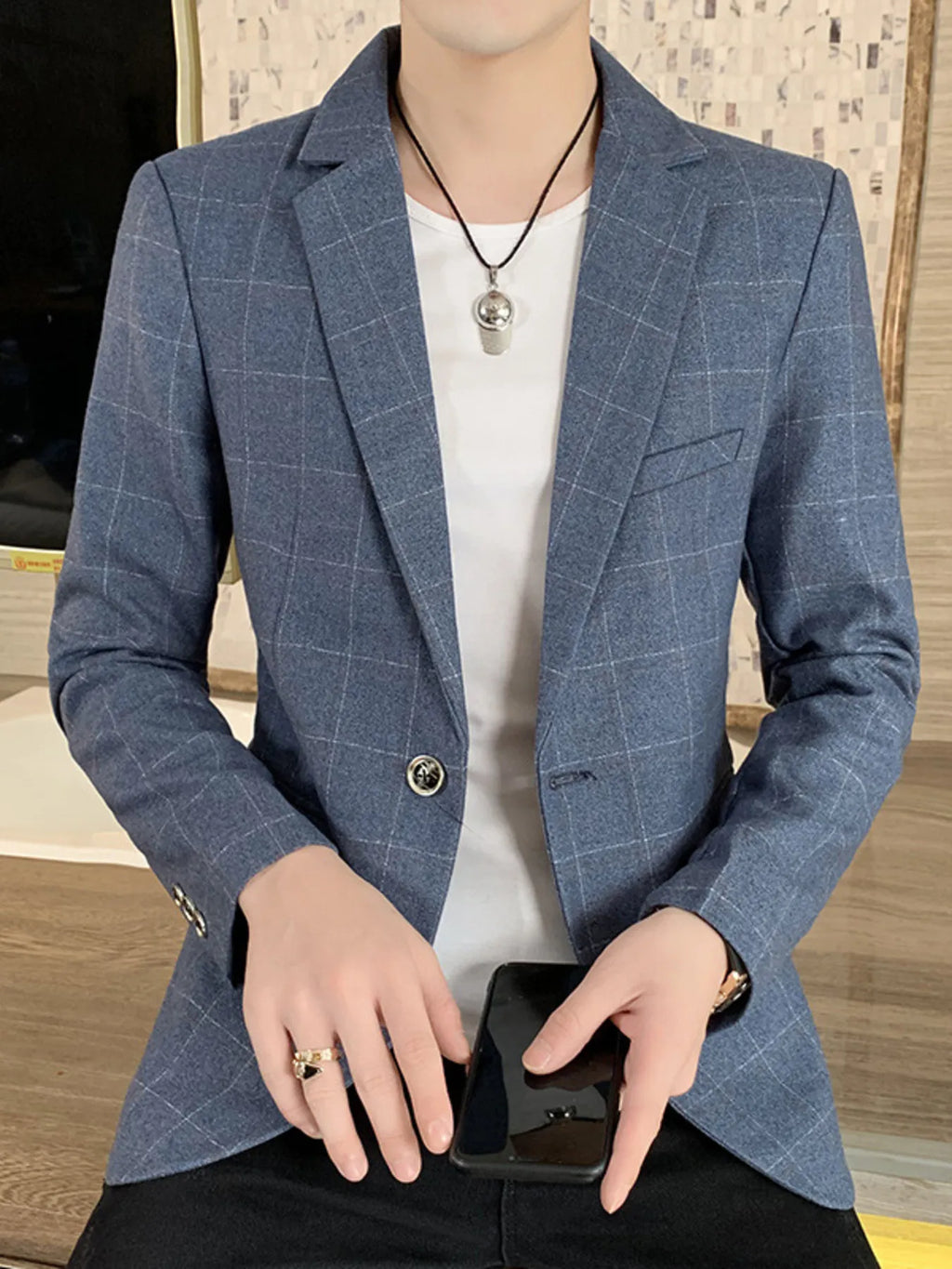 Men's Plus Size Slim Fit Plaid Pattern Blazer