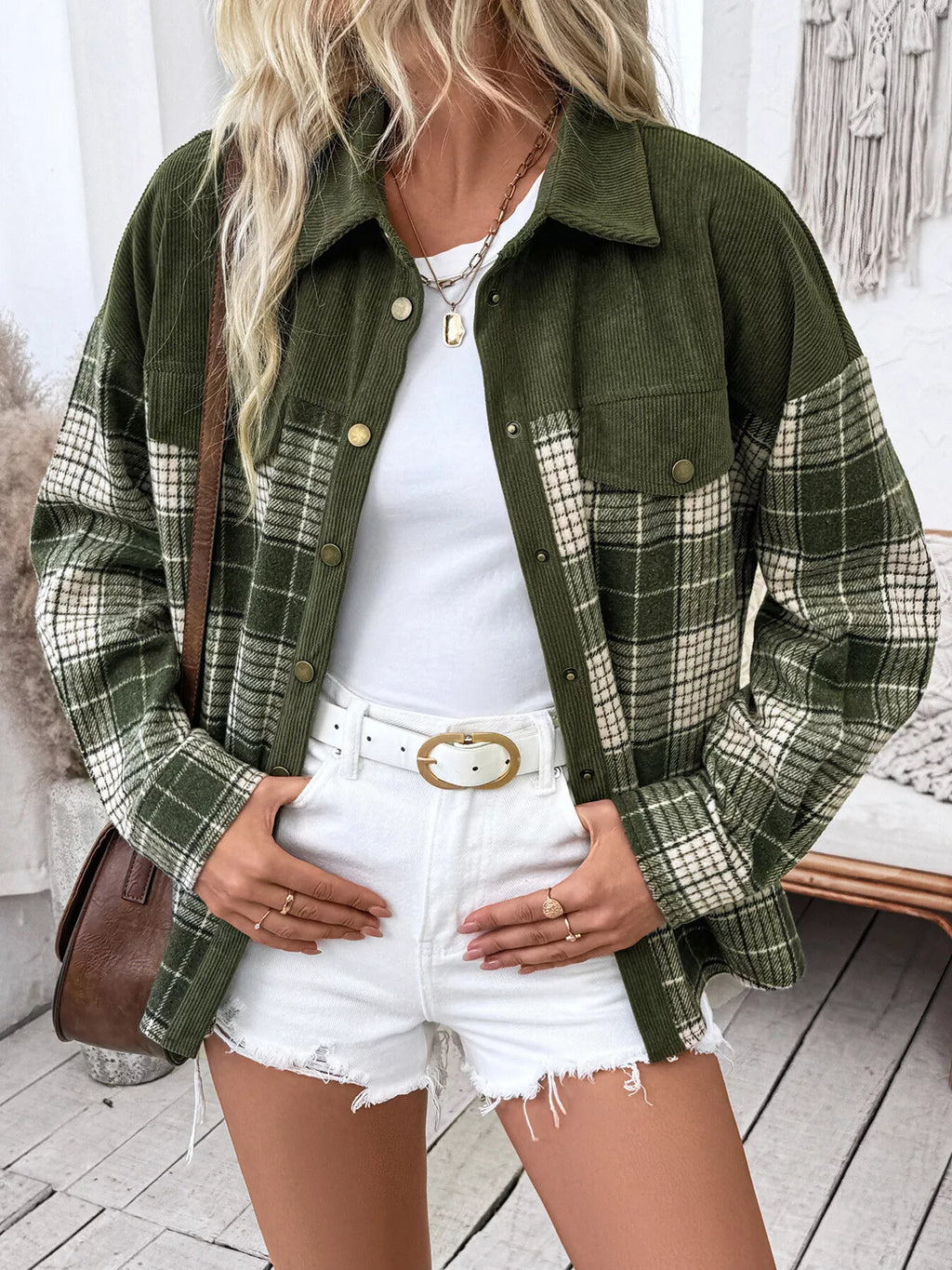 Plaid Button-Up Long Sleeve Shacket with Chest Pockets