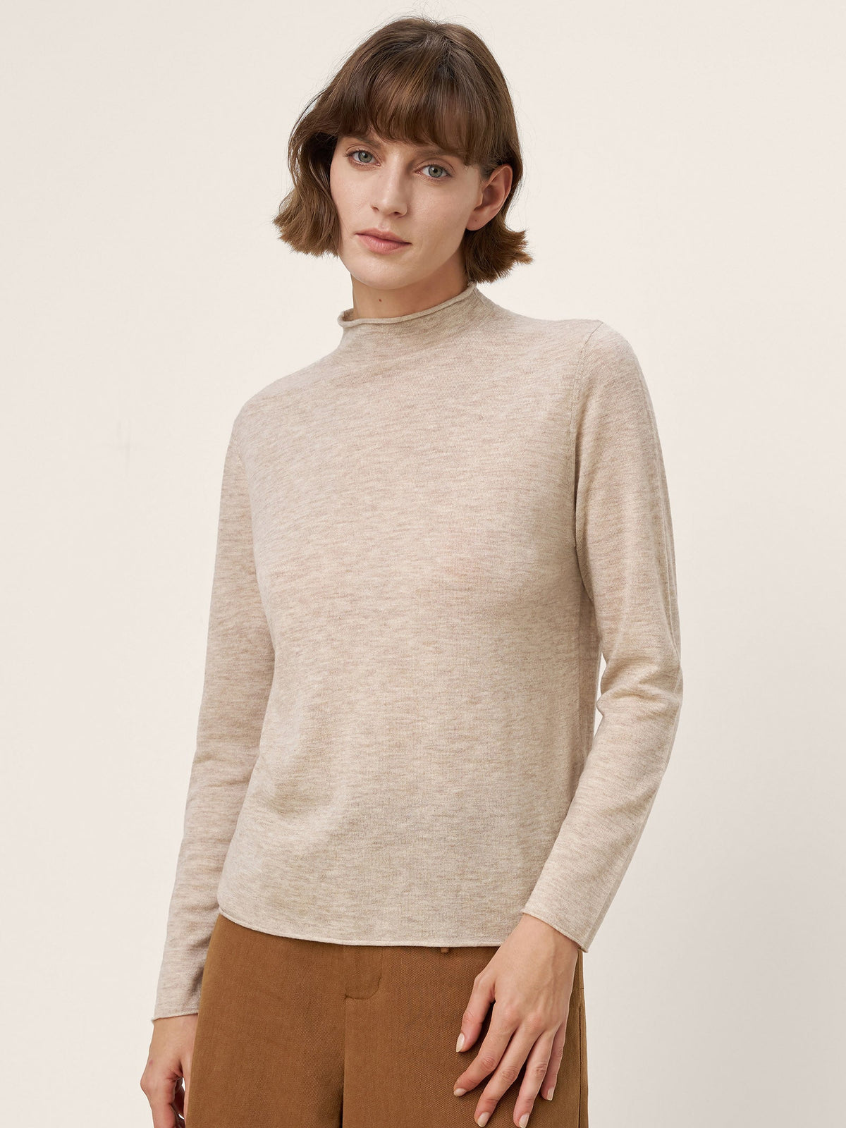 100% Extra-Fine Merino Wool Mock Neck Sweater with Rolled Edge ELA