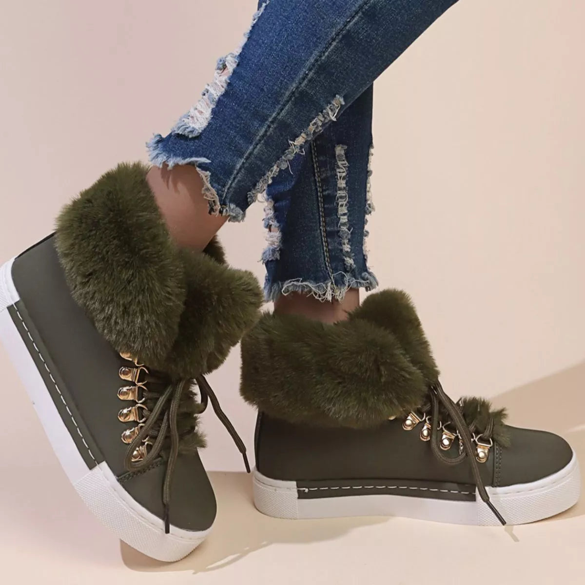 Fuzzy Trim Lace-Up Ankle Boots