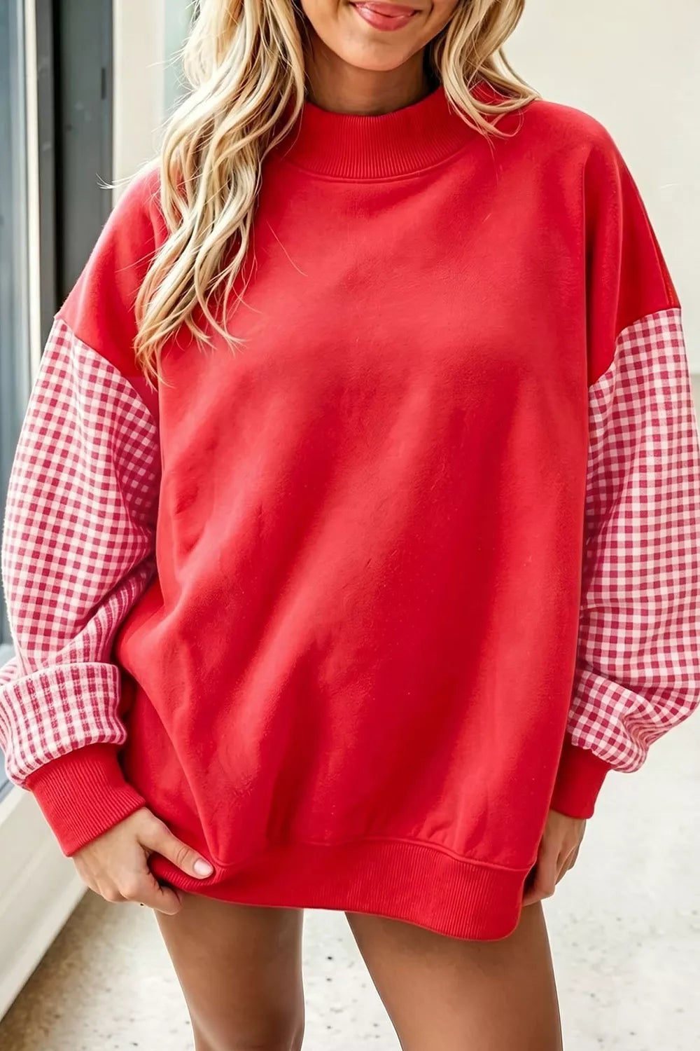 Gingham Contrast Sleeve Crew Neck Sweatshirt