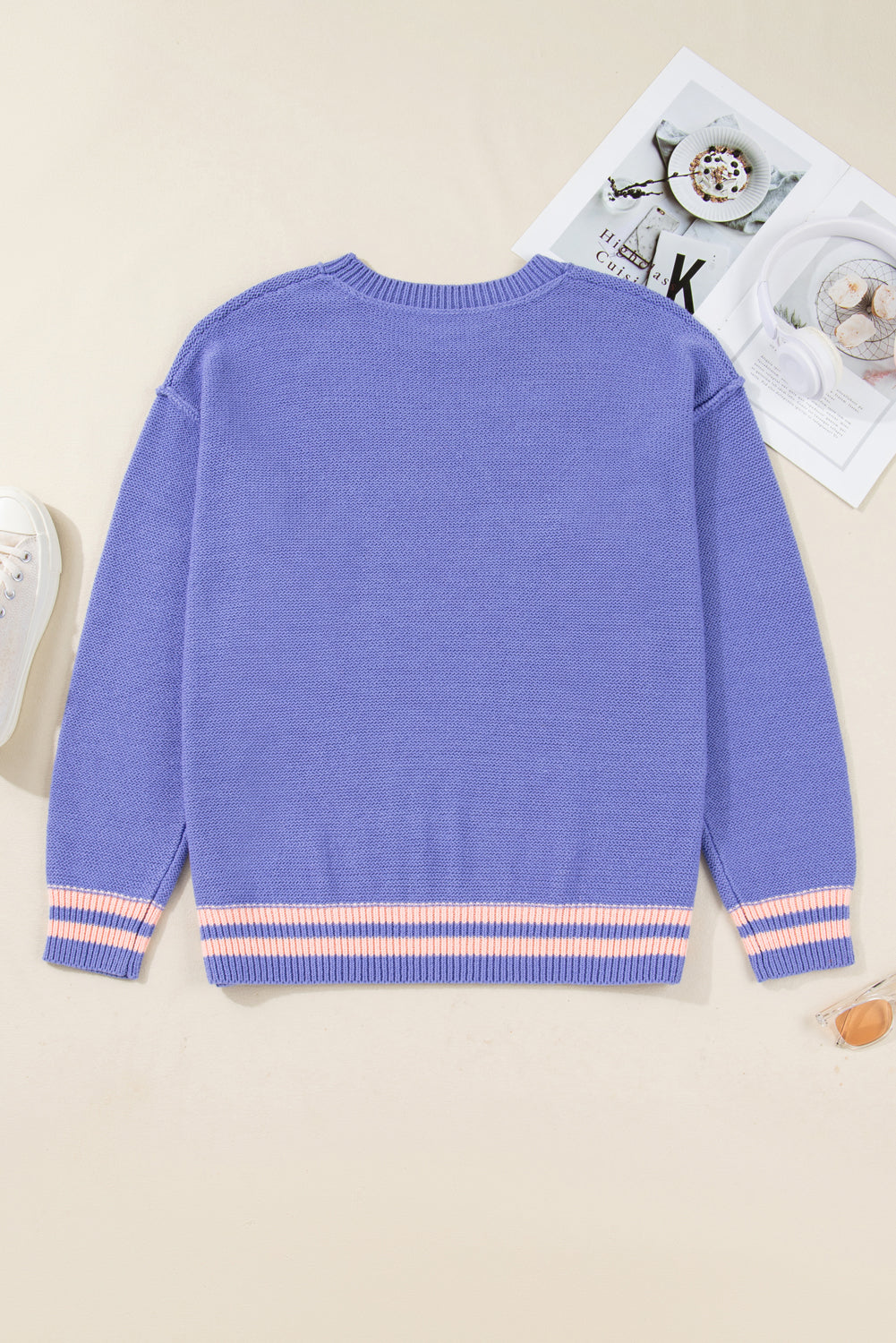 Plus Size Stripe Trim Colorblock Drop Shoulder Sweater