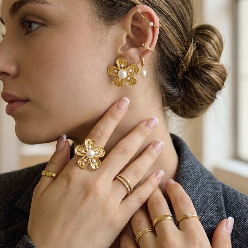 Floral Pearl Earrings and Ring Collection