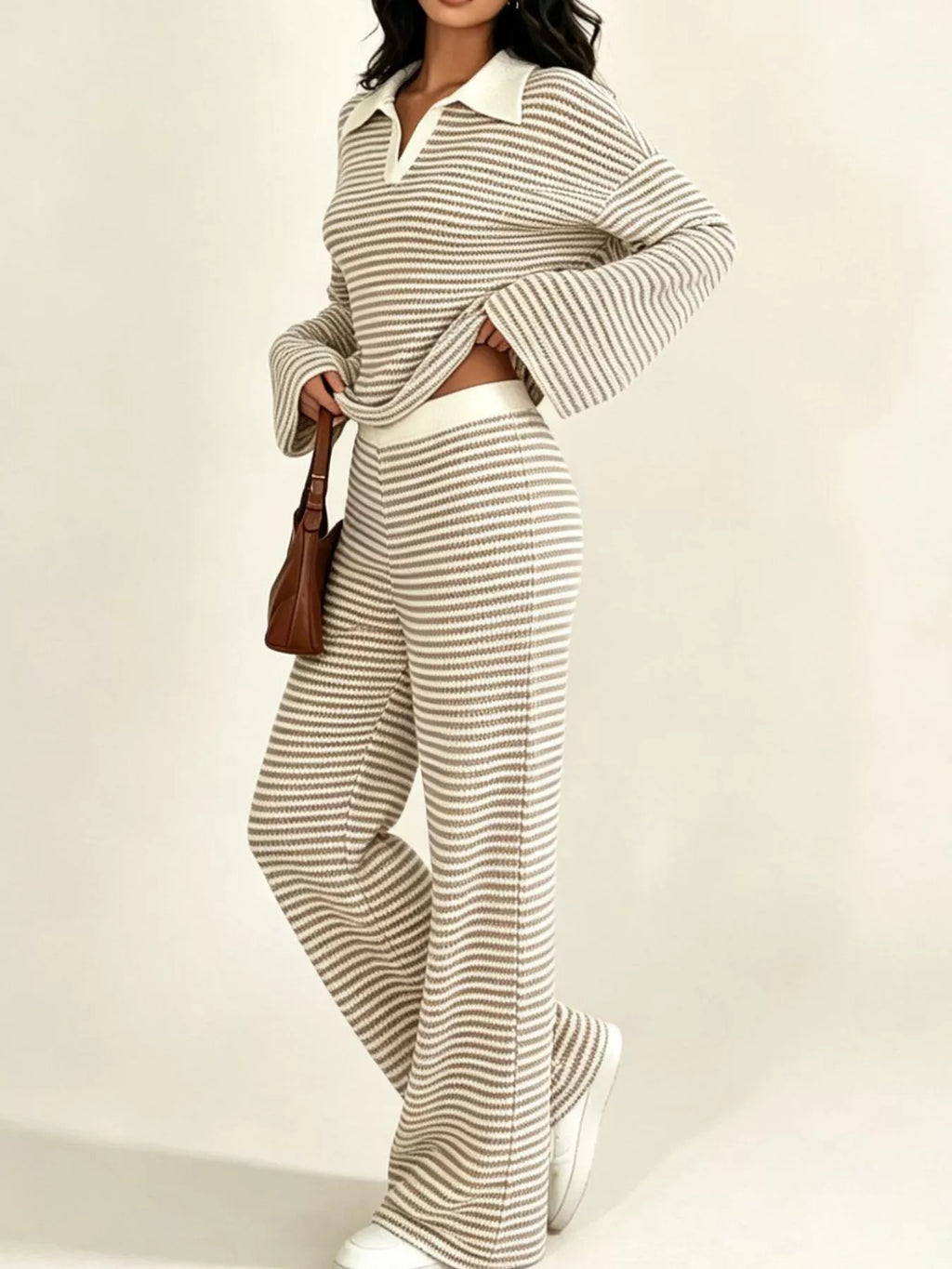 Striped Long Sleeve Polo and Wide-Leg Pants Set