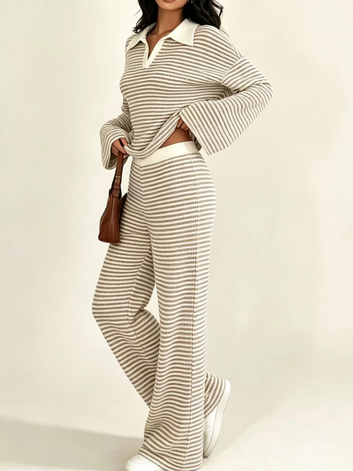 Striped Long Sleeve Polo and Wide-Leg Pants Set