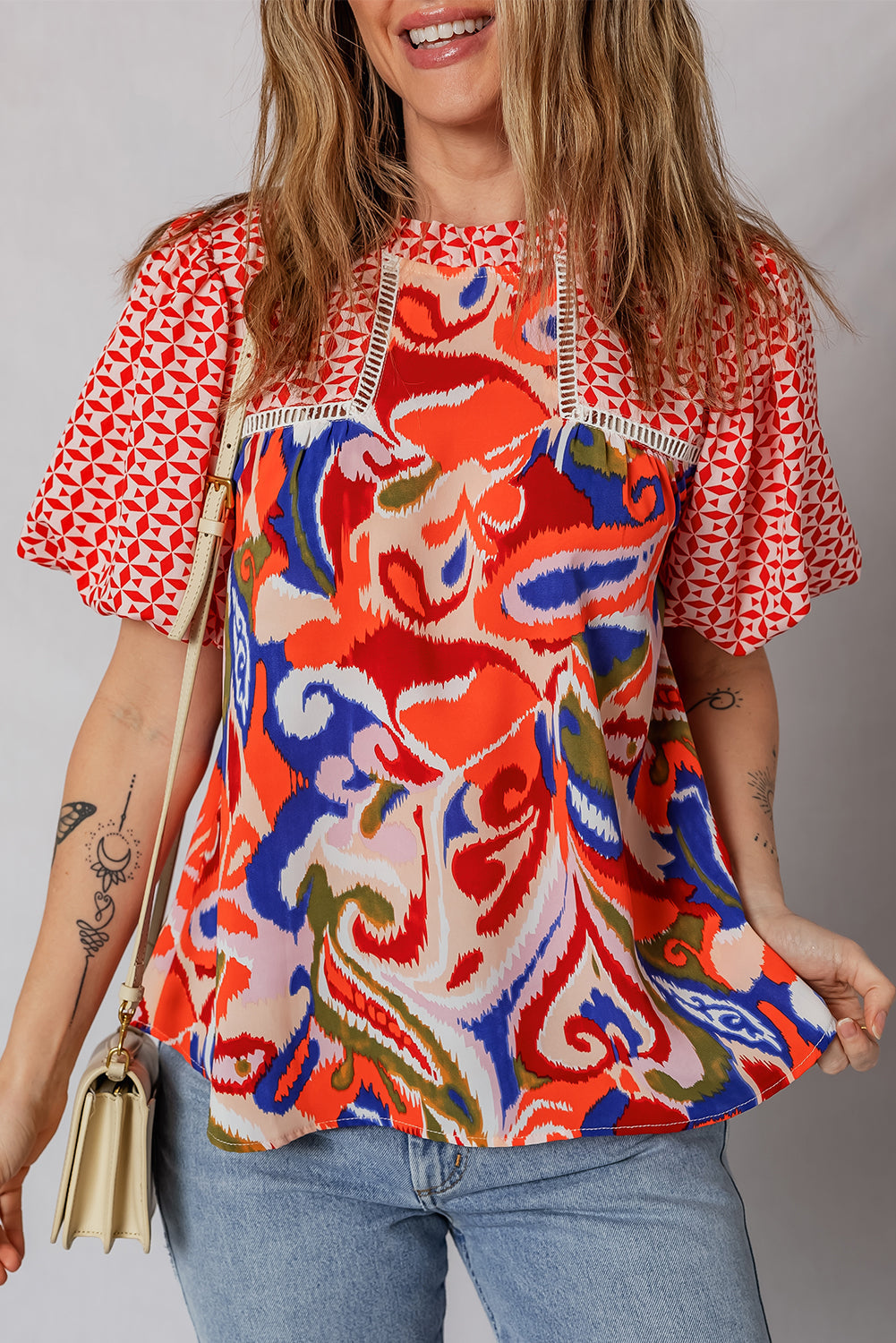 Red Paisley Geometric Mixed Print Patchwork Puff Sleeve Blouse Top
