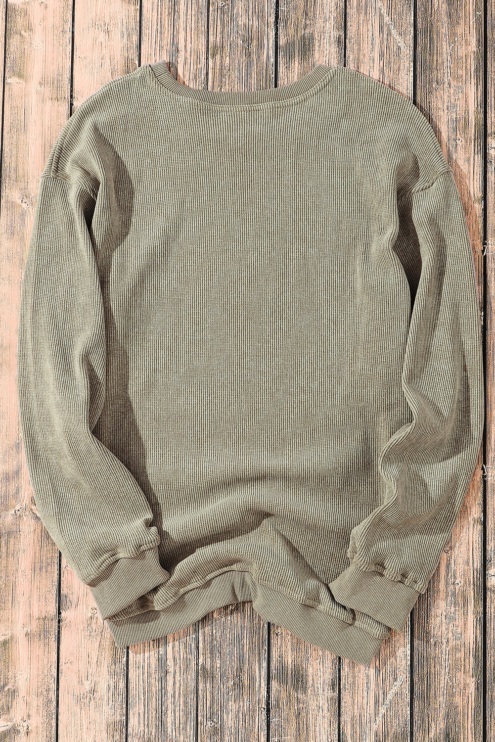 Solid Ribbed Knit Round Neck Pullover Sweatshirt