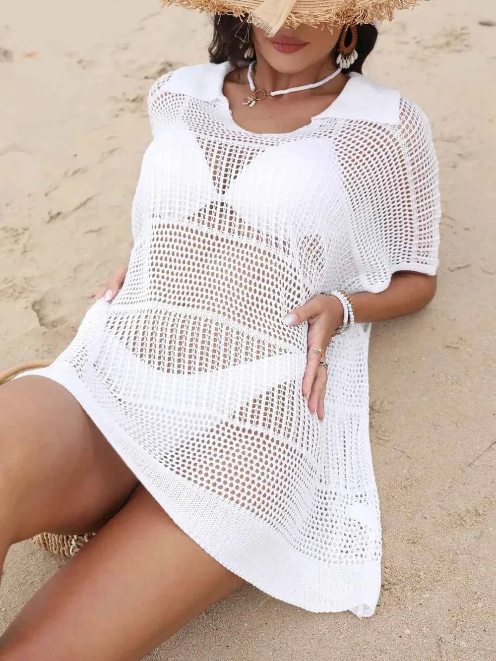 Hollow Out Collared Neck Openwork Sheer Cover-Up