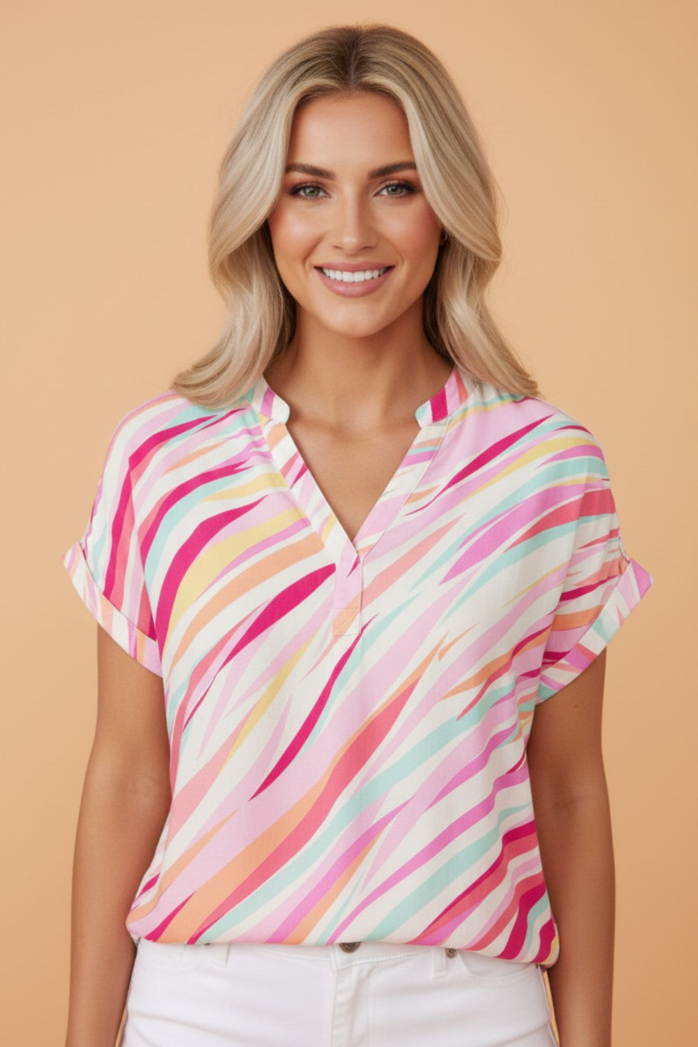 Abstract High Low Short Sleeve Blouse