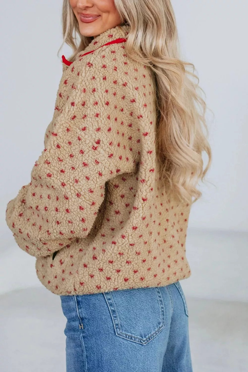 Heart Pattern Fleece Colorblock Collar Long Sleeve Sweatshirt