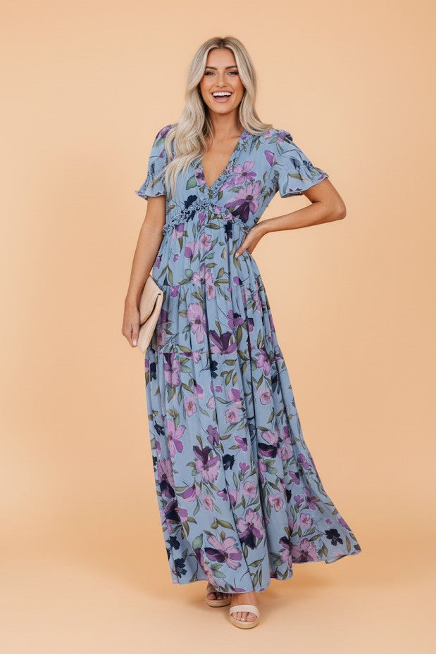 Floral Frilled V-Neck Short Sleeve Maxi Dress