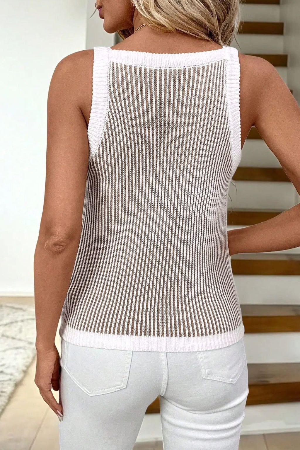 Pale Khaki Contrast Trim Ribbed Knit Sweater Tank Top